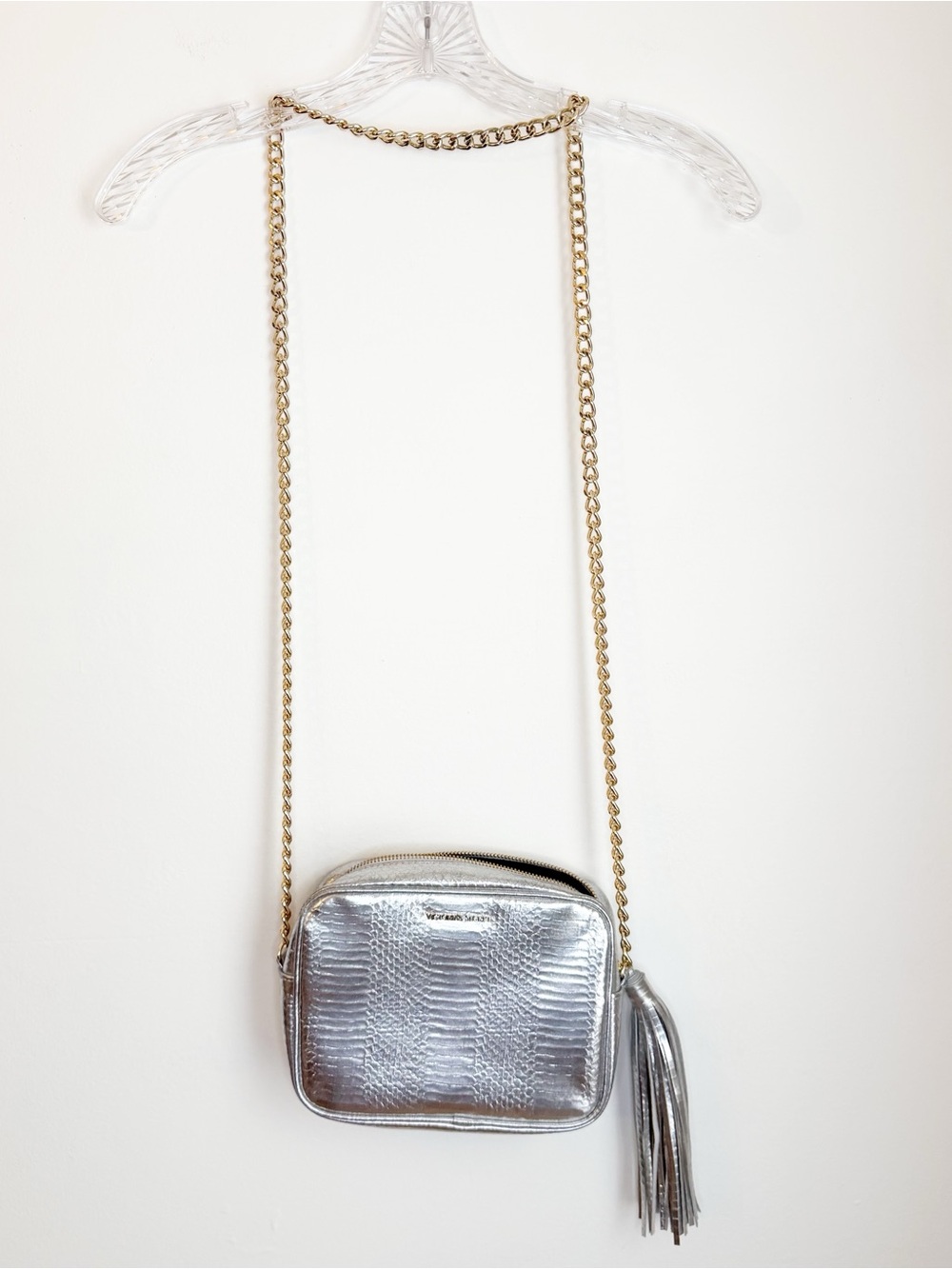 Victoria’s Secret Silver Faux Leather Crossbody Bag with Tassel, Gold-Tone Chain